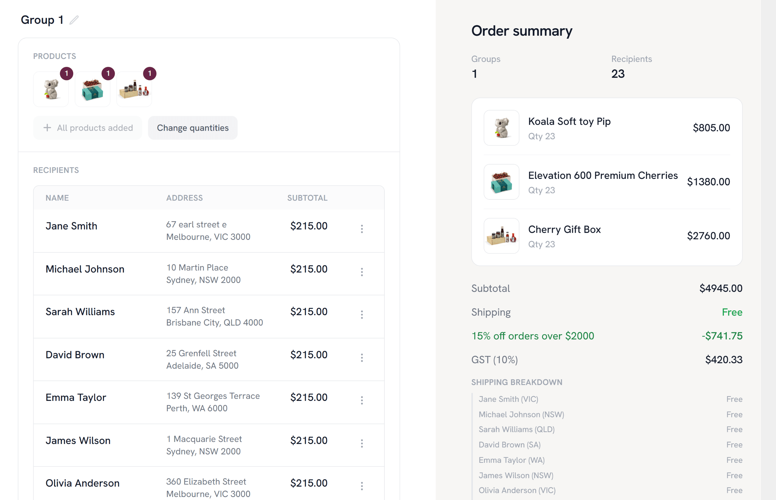 A single Ozmuro order with many recipients and addresses in one checkout